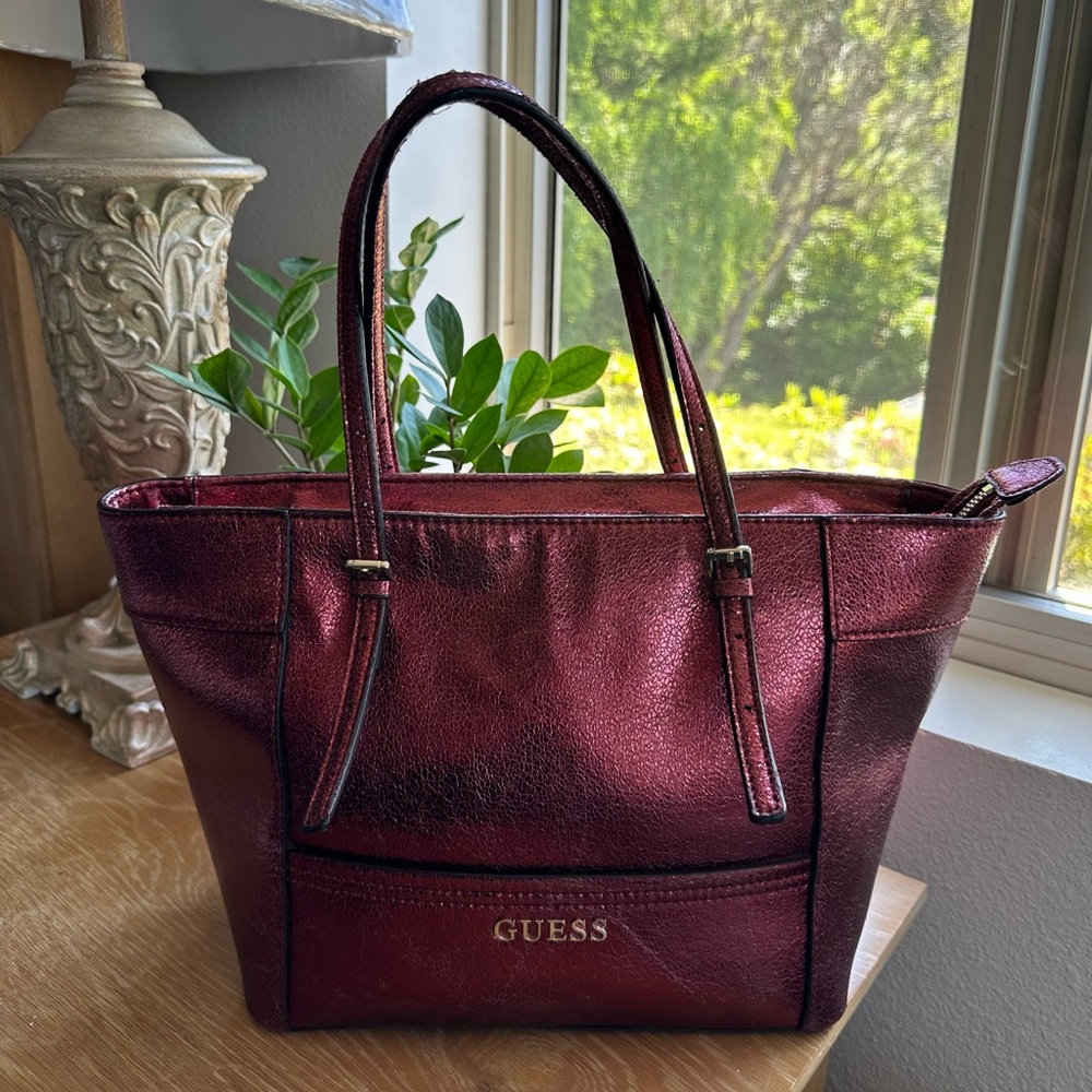 Guess “Delaney” Tote Bag, Red Metallic, 13x11x6, Excellent Condition!